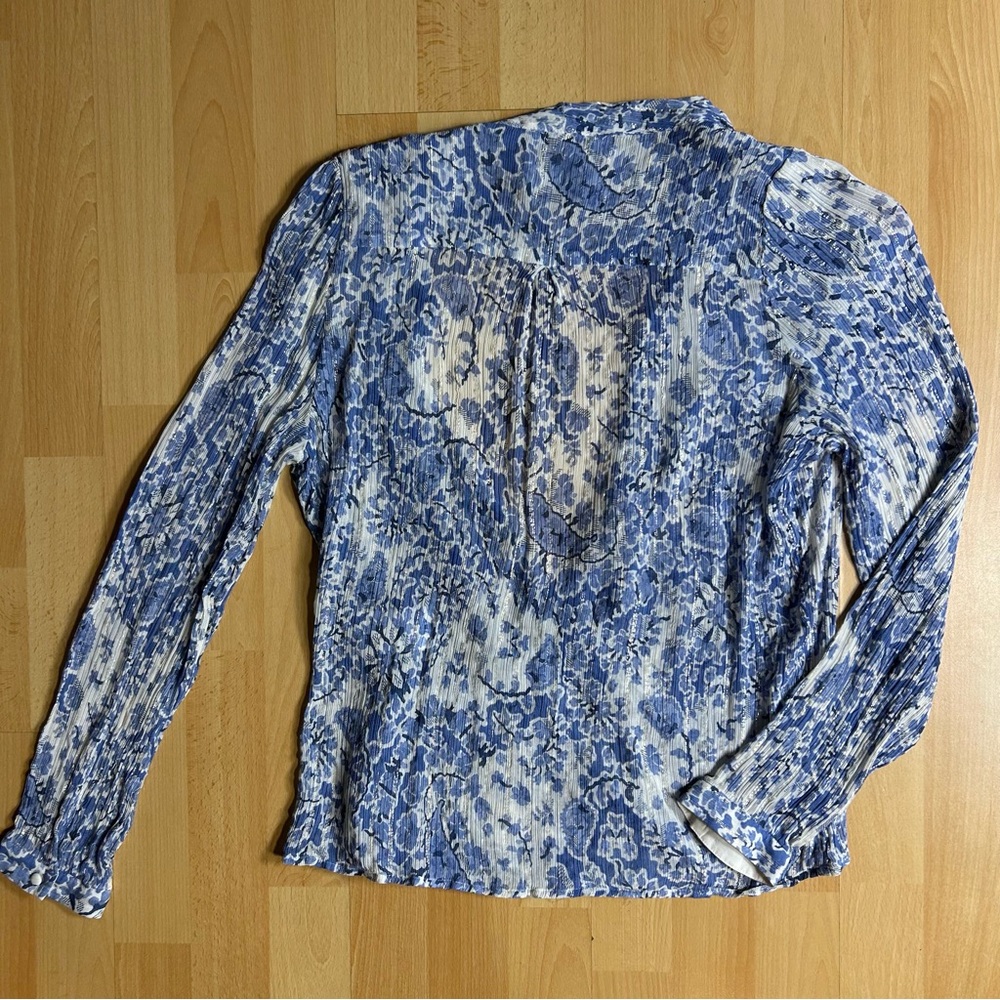Sezane Amelia Blue and White Floral V Neck Faux Wrap Blouse - Picture 10 of 13